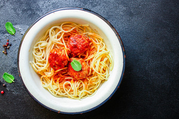 pasta spaghetti meatballs tomato sauce, main course Menu concept, food background, diet. top view. copy space for text
