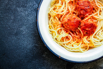 pasta spaghetti meatballs tomato sauce, main course Menu concept, food background, diet. top view. copy space for text