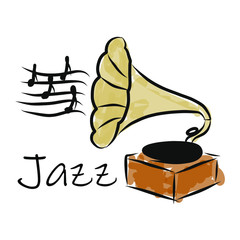 Gramophone with notes. International jazz day. Hand drawn vector stock illustration.