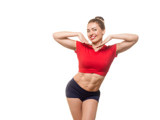Fototapeta na wymiar Beautiful smiling fit caucasian woman with sixpacks abs in sportswear promotes good shape and healthy lifestyle, isolated on white.