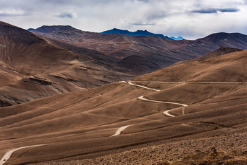 view of the Ladakh Range of Mountains from Leh in India