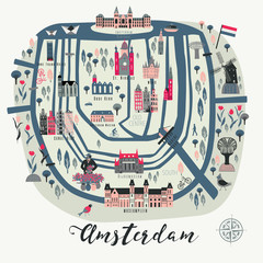 Cartoon Map of Amsterdam with Legend Icons