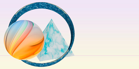 Ilustración con formas 3D de distintas texturas y colores.