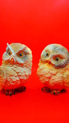 Figuras de escayola de búhos, lechuzas y otras rapaces, observando, sorniendo o enfadados. con un fondo de color rojo. 