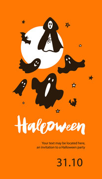 The illustration depicts the symbols of the holiday Halloween: bat, ghosts, full moon. They can be used for a thematic holiday, cards, logo, prints, banners.