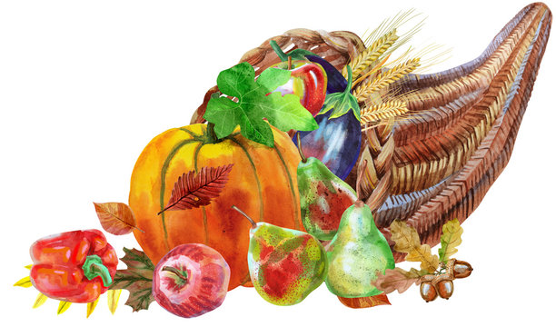 Watercolor cornucopia filled with vegetables and fruits on white background