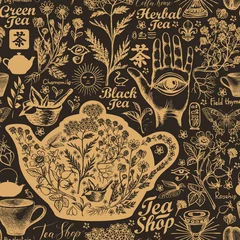Tapeten Tee Vektornahtloses Muster zum Thema Tee und Teeladen mit Skizzen. Altmodischer dekorativer Hintergrund mit handgezeichneten Kräutern. Geeignet für Tapeten, Geschenkpapier, Stoff. Tee mit chinesischem Schriftzeichen