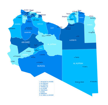 Libya map. Cities, regions. Vector