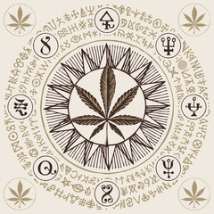 Vector banner for Legalize marijuana with cannabis leaf, esoteric signs and magic runes written in a circle in retro style. Smoking weed. Natural product made from organic hemp