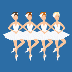 Obraz premium Ballet dance, little swans. Four ballerinas, swan lake stage. Vector graphics illustration.