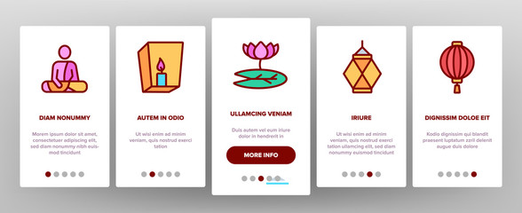 Vesak Day Buddhism Onboarding Icons Set Vector. Buddha Statue And Figure, Lotus Flower And Lantern, Candle And Flags Vesak Illustrations