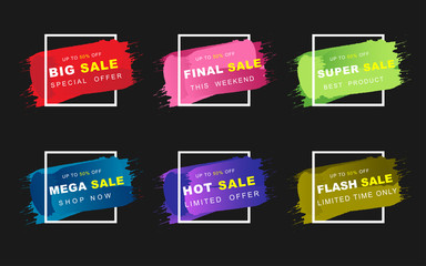Set collection of vector tag and label discount banner template for promotion business with text message big, flash, mega, final, and hot sale event with frame on colors grunge brushes background