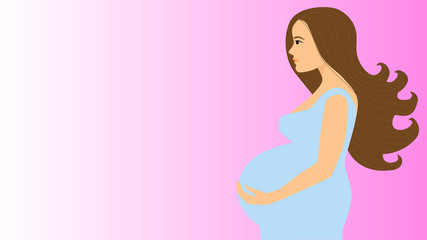 Pregnant young woman in long blue dress caressing her belly at pink background. New life, femininity, happiness to be mother