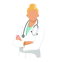 Doctor woman wearing a lab coat stands with crossed arms. Vector flat illustration. Ask doctor. Online medical advice or consultation service, tele medicine, cardiology