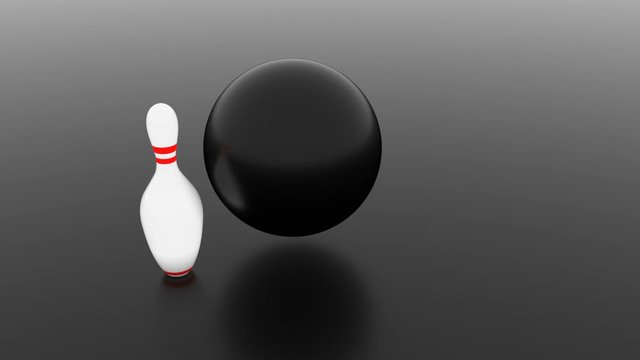 An absurd blow. The black ball hits the white bowling pin, bounces off of it and rolls back.