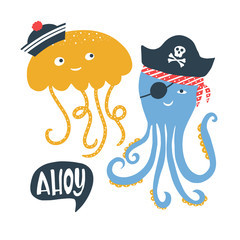Vector illustration with pirate word Ahoy lettering and sea animals with pirate's hat, cap, scull and bones. Kids logo emblem. Textile fabric print for tshirt, clothing stationery.