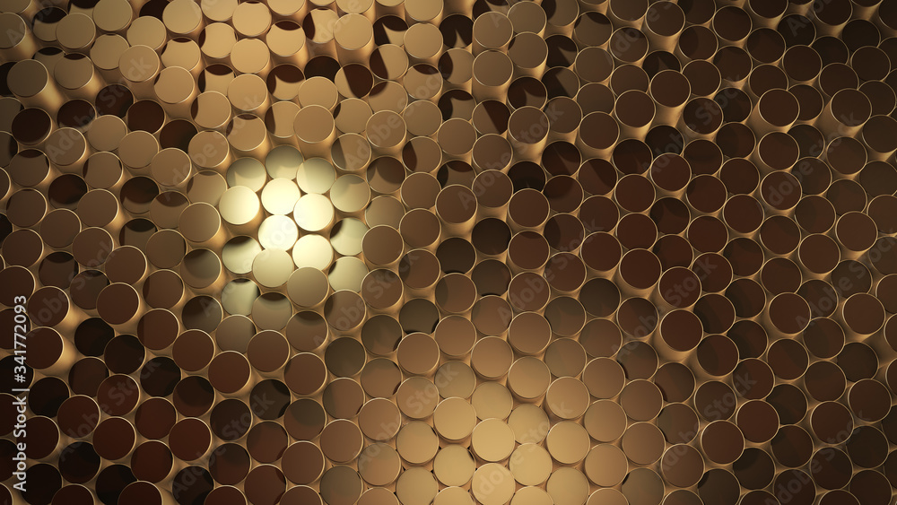 Poster 3d rendering of abstract cylindrical geometric gold surfaces in virtual space