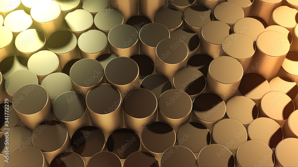 Poster 3d rendering of abstract cylindrical geometric gold surfaces in virtual space
