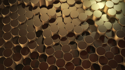 3D rendering of abstract cylindrical geometric gold surfaces in virtual space