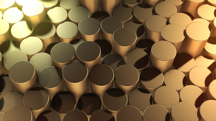 3D rendering of abstract cylindrical geometric gold surfaces in virtual space