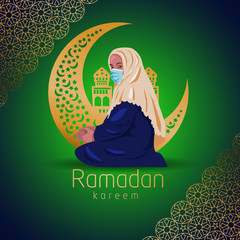 Ramadan Kareem. girl wearing hijab. Muslim woman. Female hijab wear mask prevent virus, corona or COVID-19. Vector