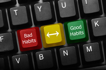 Three keys conceptual keyboard - Bad Habits and Good Habits keys with arrow