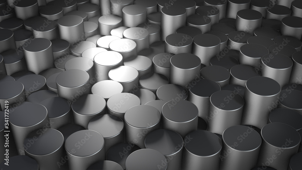 Poster 3d rendering of abstract cylindrical geometric metallic surfaces in virtual space