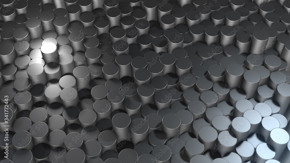 Poster 3d rendering of abstract cylindrical geometric metallic surfaces in virtual space