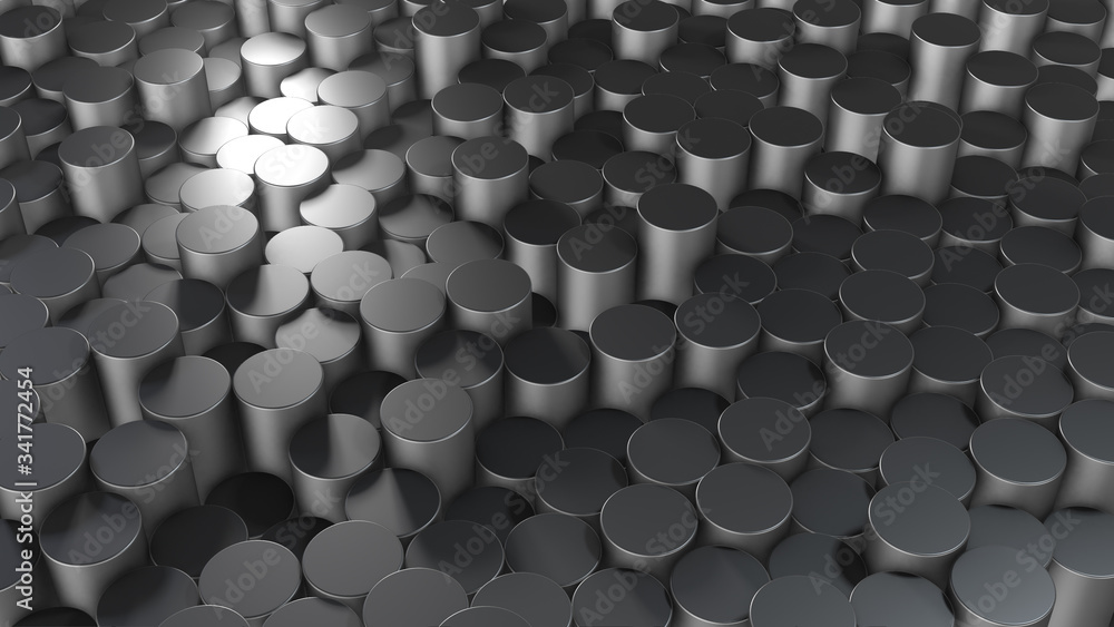 Poster 3d rendering of abstract cylindrical geometric metallic surfaces in virtual space