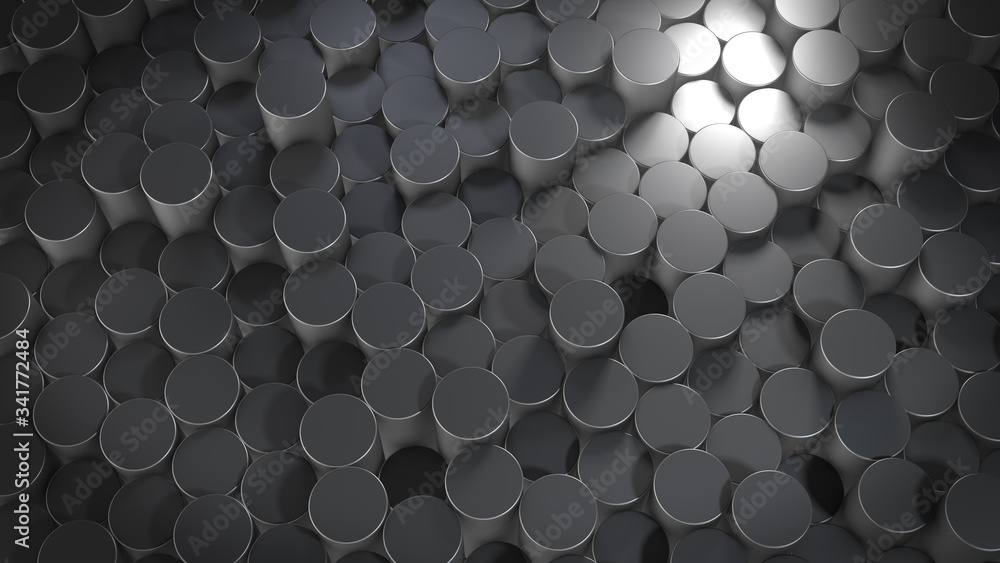 Poster 3d rendering of abstract cylindrical geometric metallic surfaces in virtual space