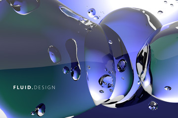 3D image of waterdrops and bubbles colliding in front of a blue background, macro shot, fluid design
