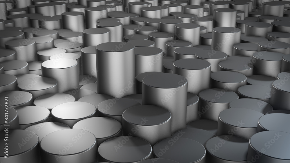 Poster 3d rendering of abstract cylindrical geometric metallic surfaces in virtual space