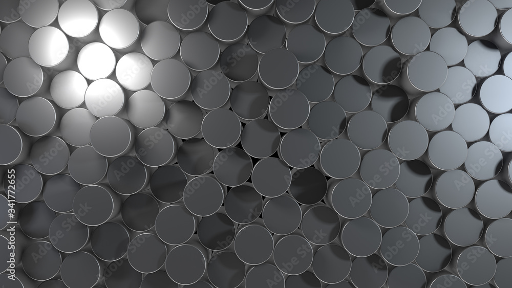 Poster 3d rendering of abstract cylindrical geometric metallic surfaces in virtual space