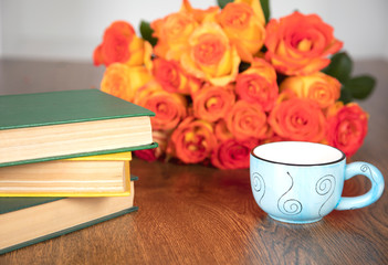 coffee with book and roses