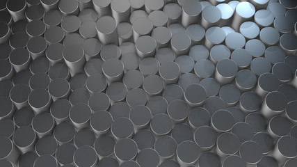 3D rendering of abstract cylindrical geometric aluminum surfaces in virtual space
