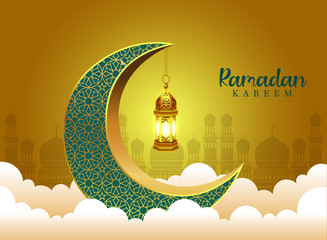 Crescent Islamic with Lantern for Ramadan Kareem. Golden Half Moon, Lamp with cloud background