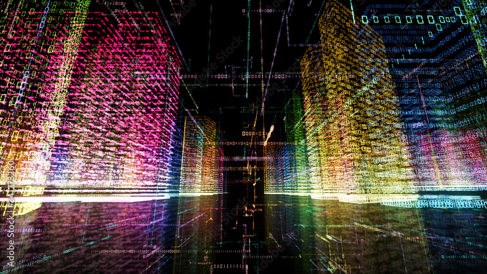 Poster 3d rendering of abstract virtual city inside a computer system. hologram 3d big data digital city