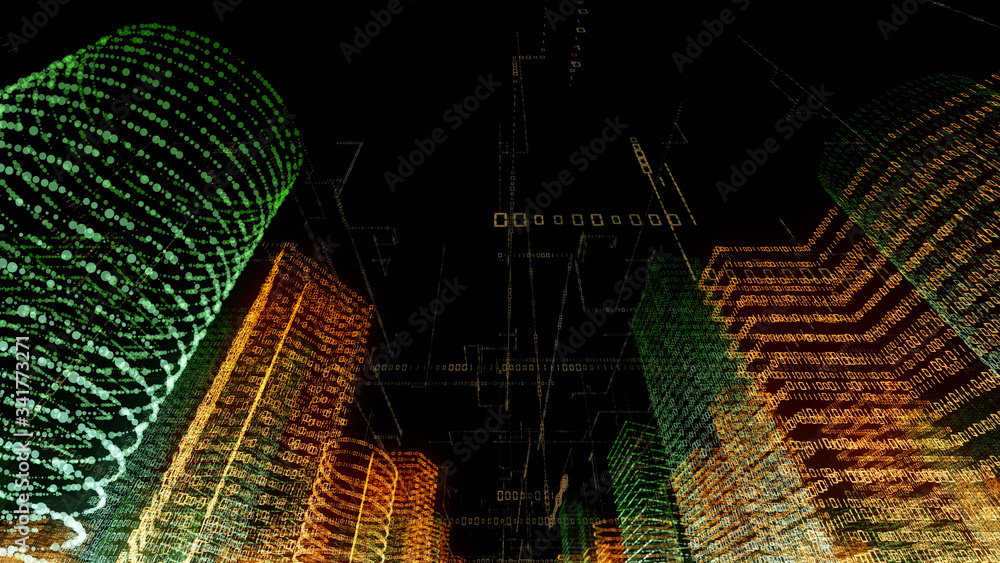 Poster 3d rendering of abstract virtual city inside a computer system. hologram 3d big data digital city