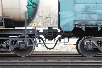 coupling of railway cars on the railway, close-up.Railway car