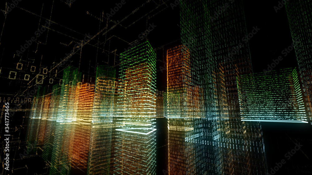 Poster 3d rendering of abstract virtual city inside a computer system. hologram 3d big data digital city