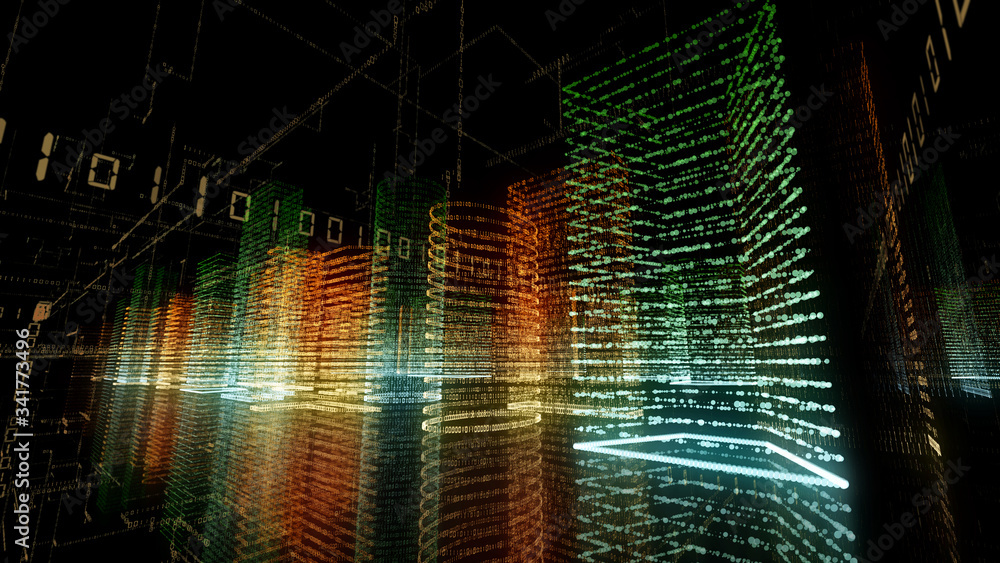 Poster 3d rendering of abstract virtual city inside a computer system. hologram 3d big data digital city