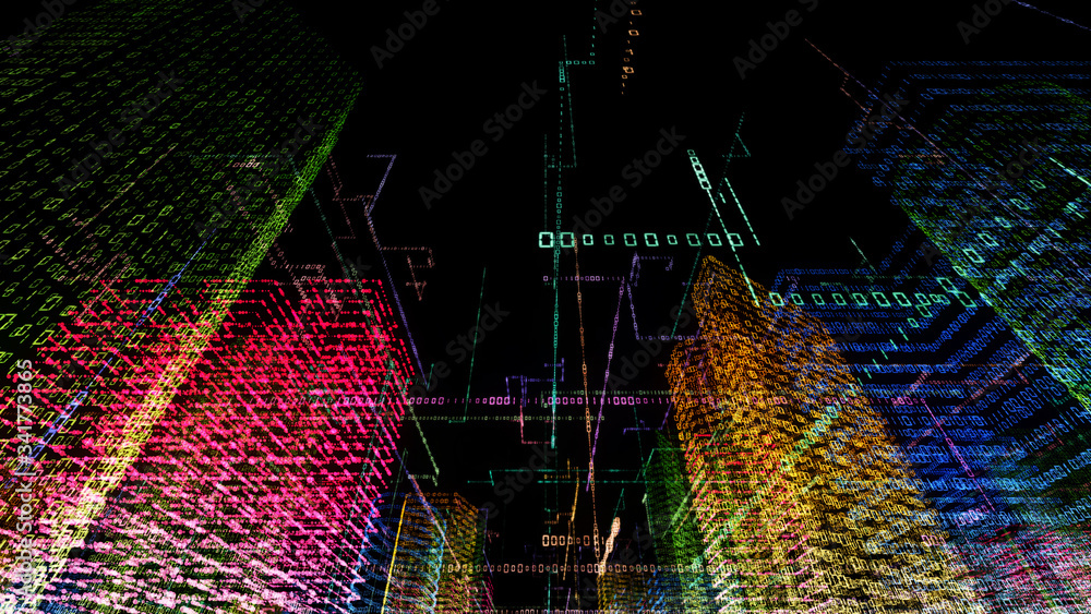 Poster 3d rendering of abstract virtual city inside a computer system. hologram 3d big data digital city