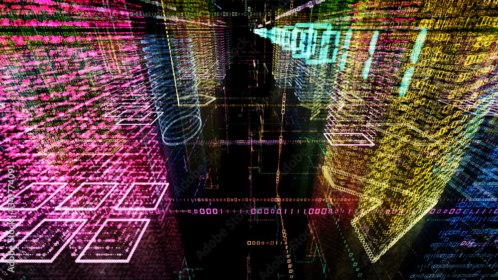 Poster 3d rendering of abstract virtual city inside a computer system. hologram 3d big data digital city