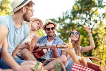 Group of happy friends having fun outdoors with guitar.