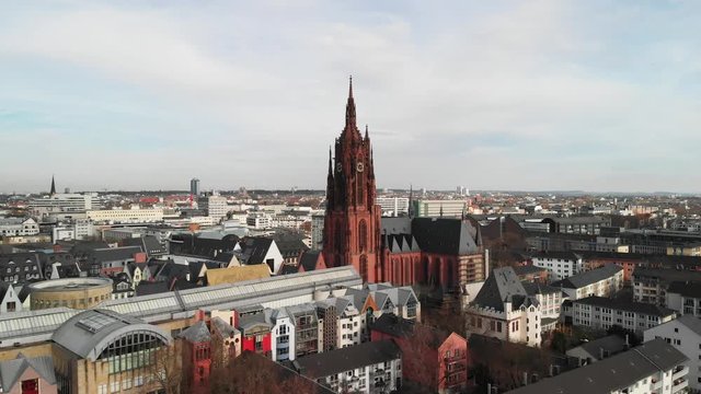 Aerial Birds Eye, Gothic Imperial Cathedral in City, Frankfurt, Germany