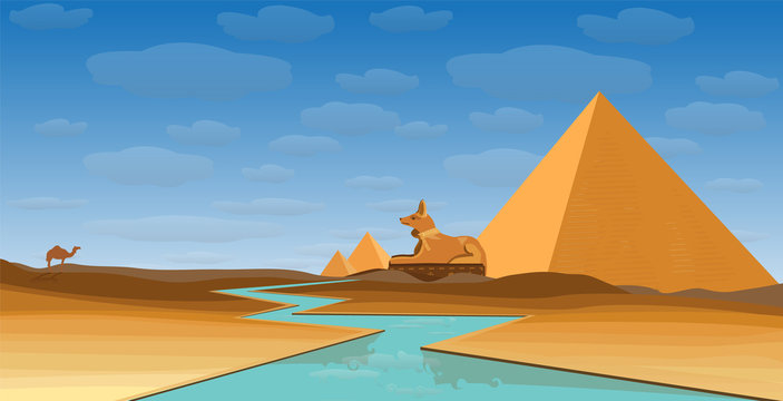egypt desert with  pyramid Anubi and Nilo