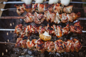 Skewers on the fire, meat grill