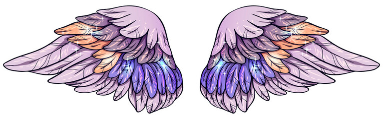 Beautiful shiny glittery magic angel violet peachy wings, vector