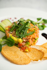 Salmon tartar with vegetables served with croutons
