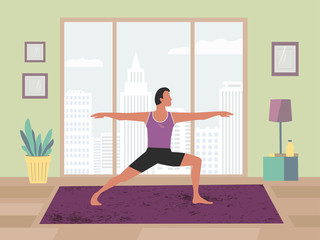 Man training yoga stay at home flat color vector